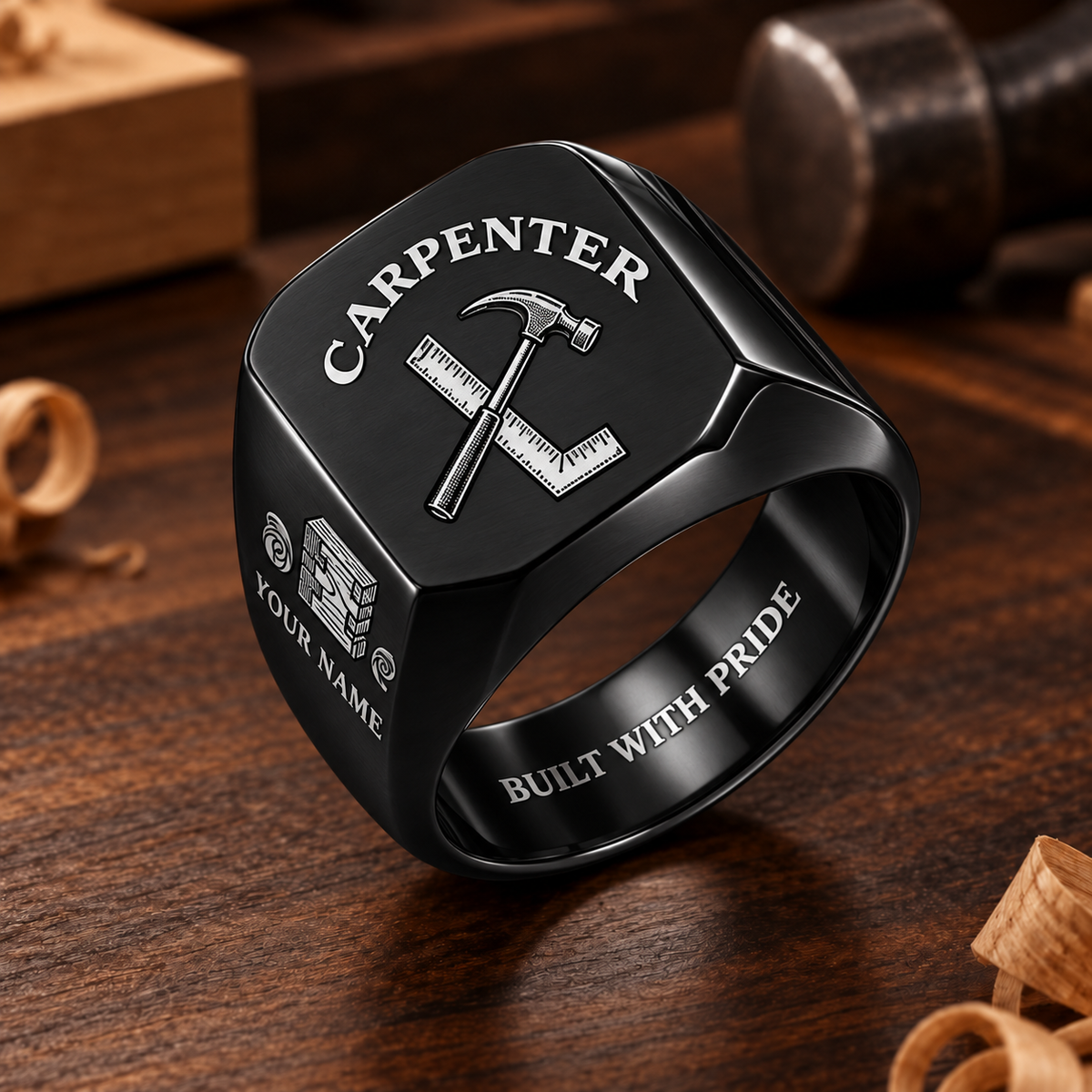 Personalized Carpenter Engraved Signet Ring - Classic Emblem - Black