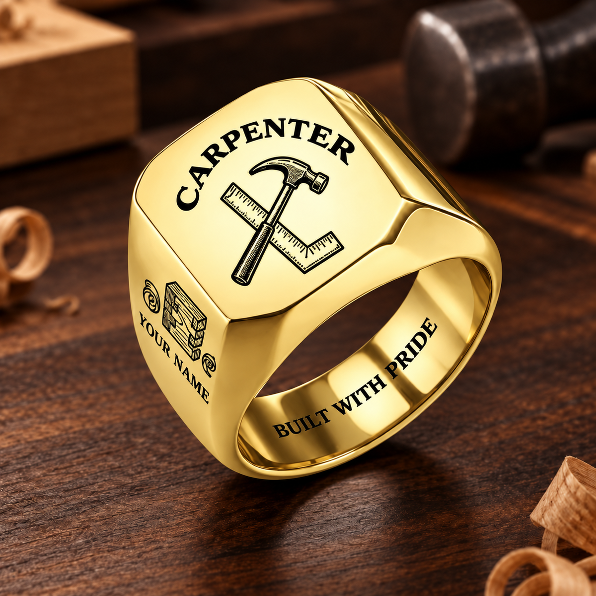 Personalized Carpenter Engraved Signet Ring - Classic Emblem - Gold