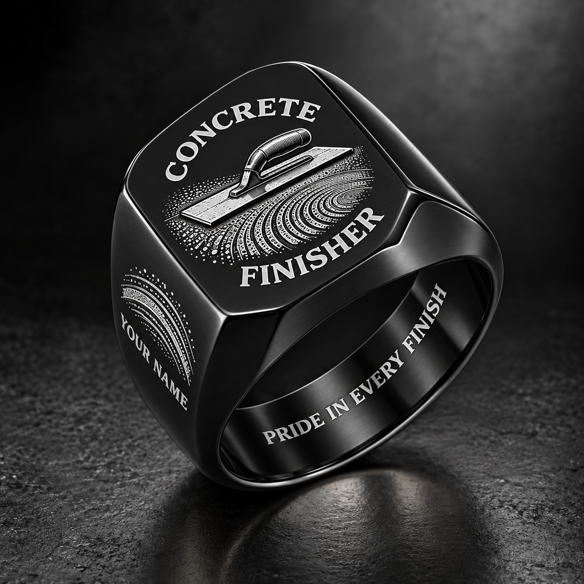 Personalized Concrete Finisher Engraved Signet Ring - Classic Emblem - Black