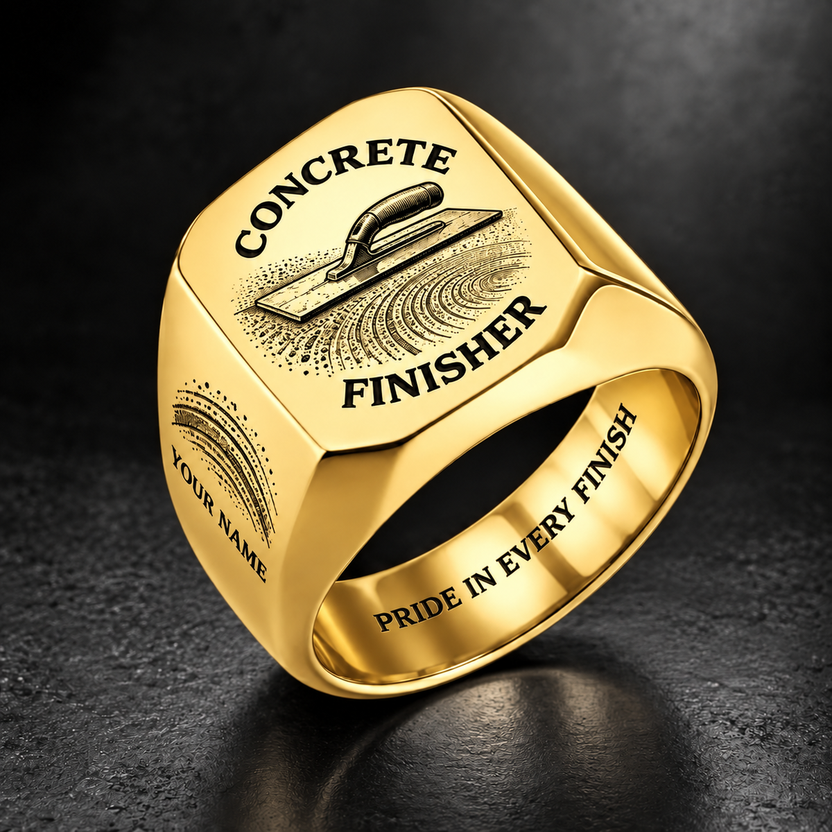 Personalized Concrete Finisher Engraved Signet Ring - Classic Emblem - Gold