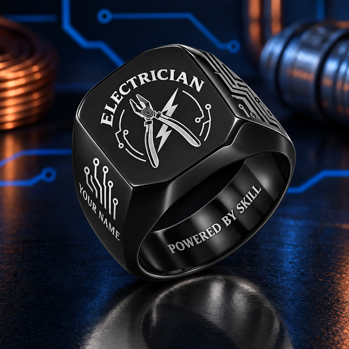 Personalized Electrician Engraved Signet Ring - Classic Emblem - Black