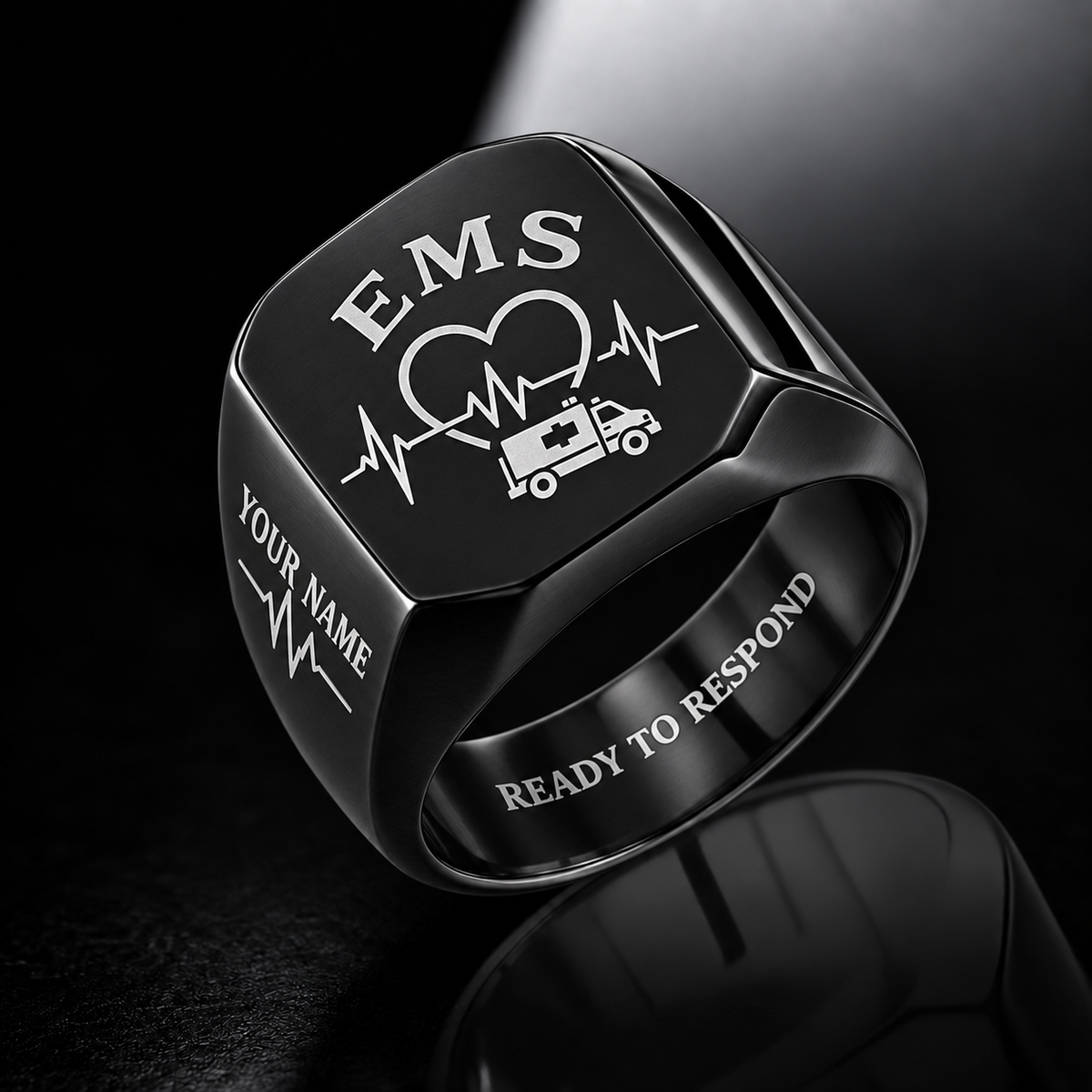Personalized EMS Engraved Signet Ring - Classic Emblem - Black