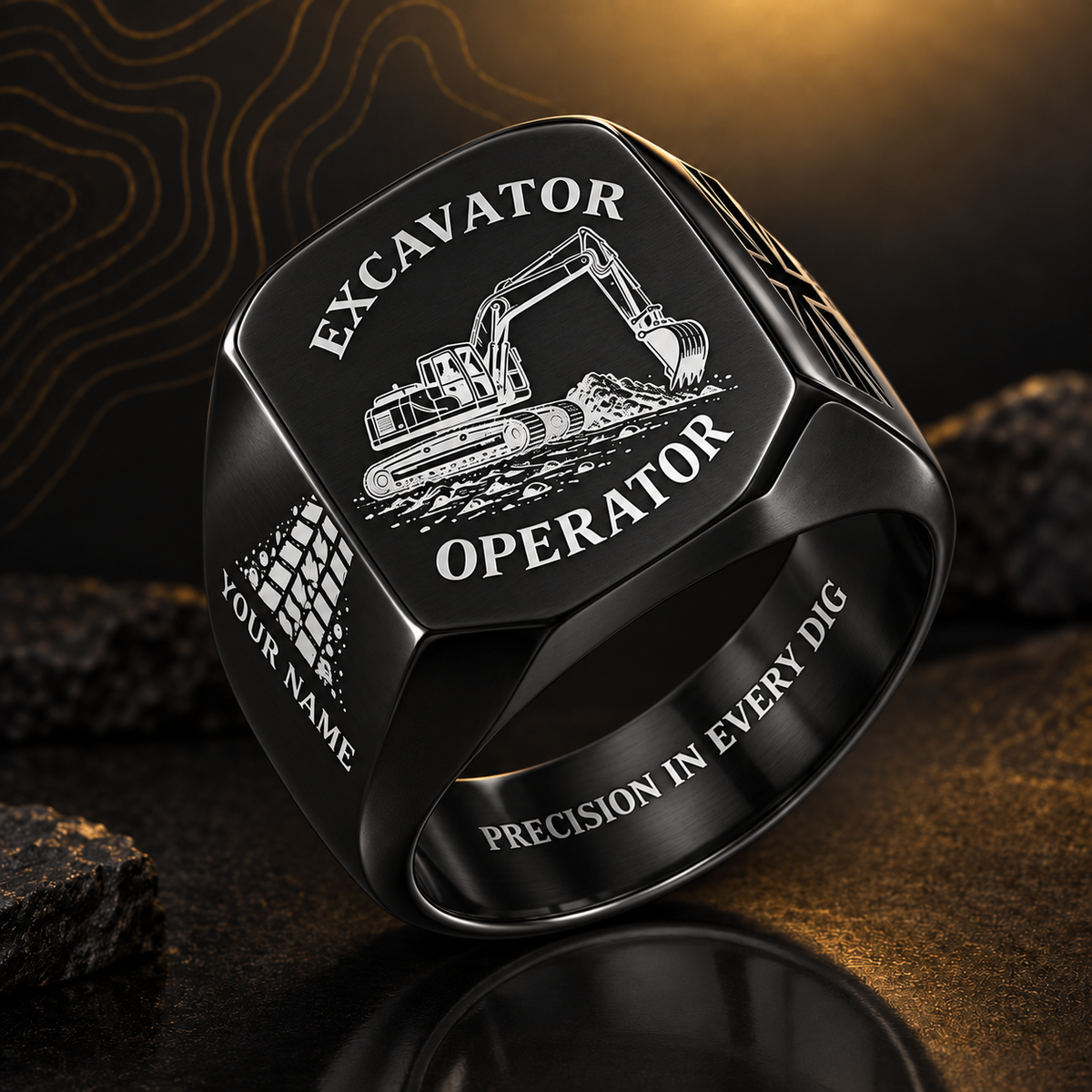Personalized Excavator Operator Engraved Signet Ring - Classic Emblem - Black