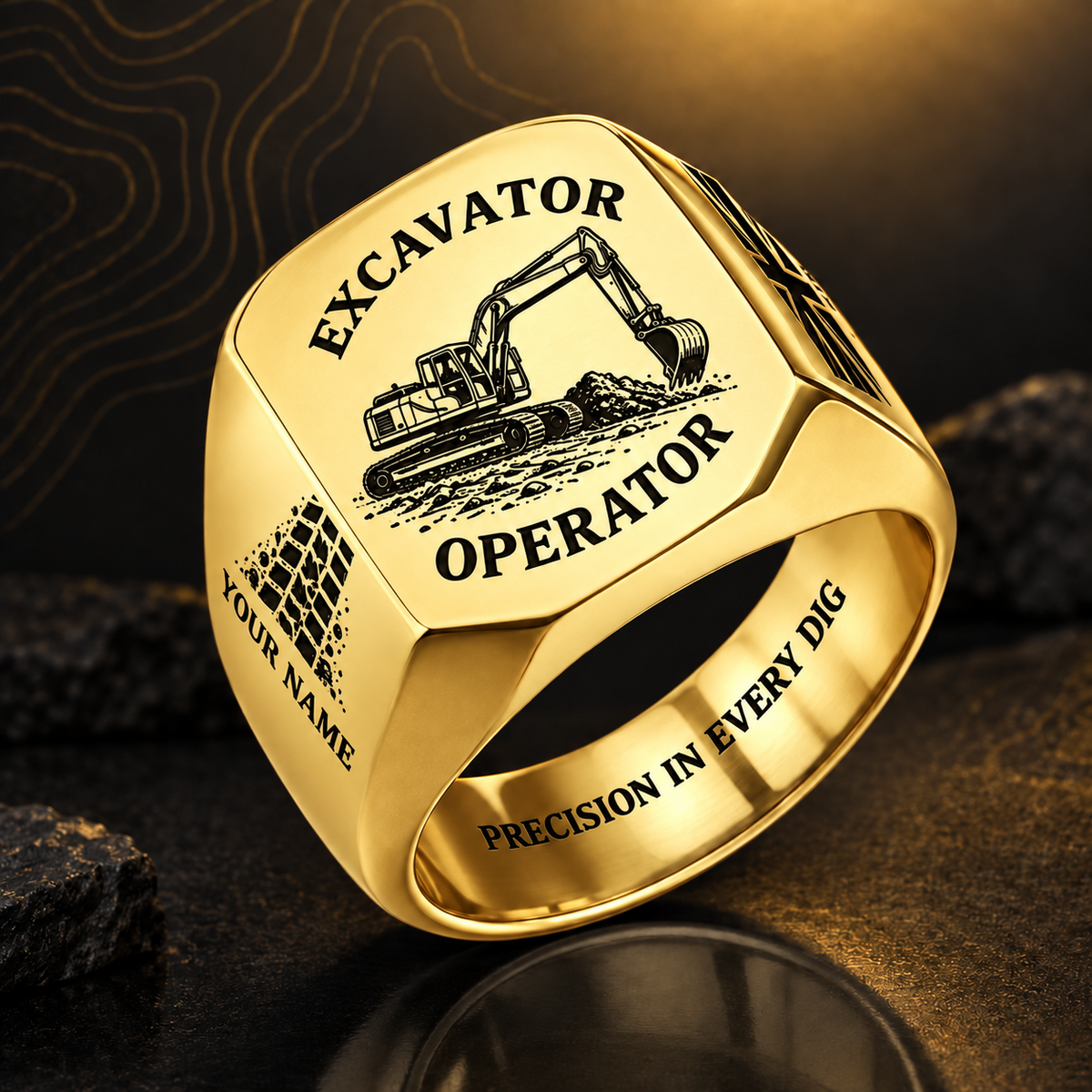Personalized Excavator Operator Engraved Signet Ring - Classic Emblem - Gold