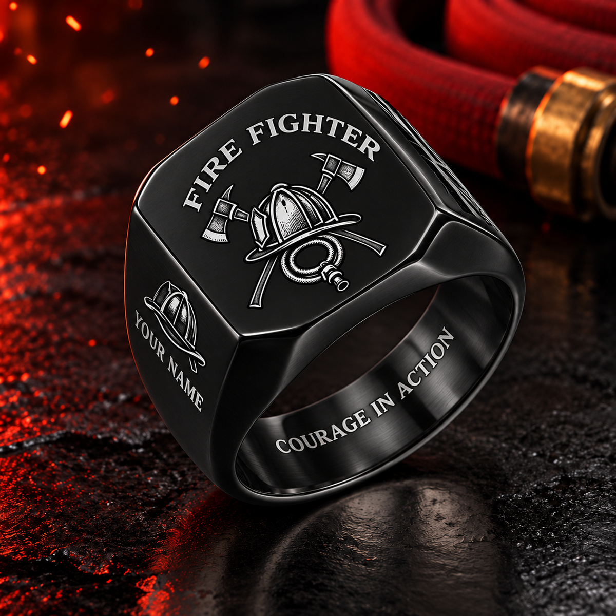 Personalized Fire Fighter Engraved Signet Ring - Classic Emblem - Black