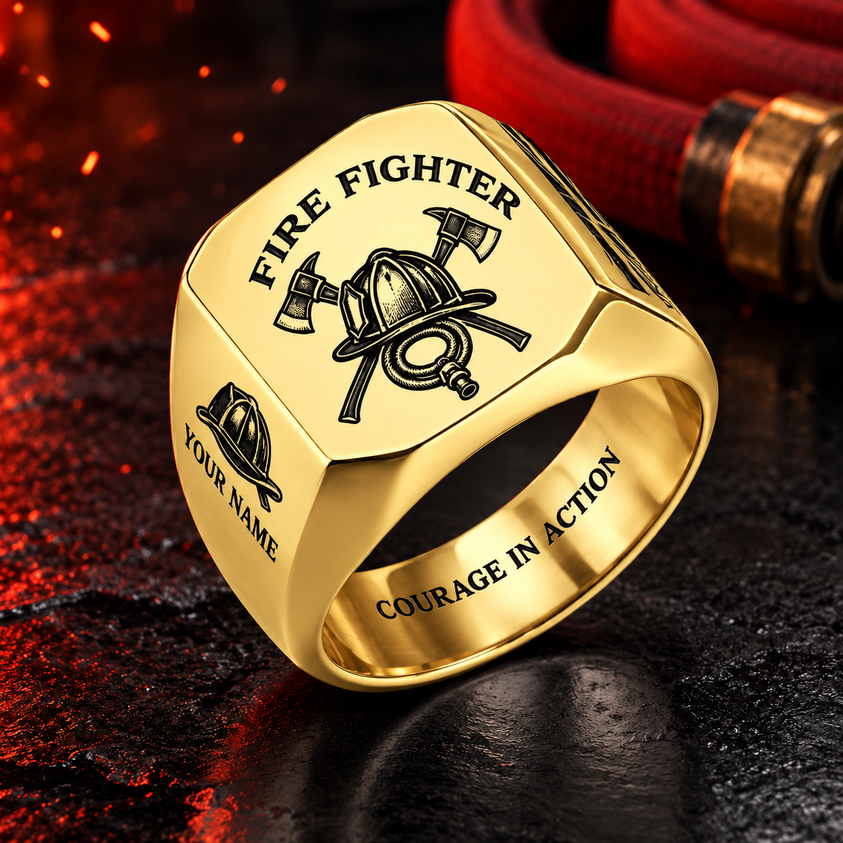 Personalized Fire Fighter Engraved Signet Ring - Classic Emblem - Gold