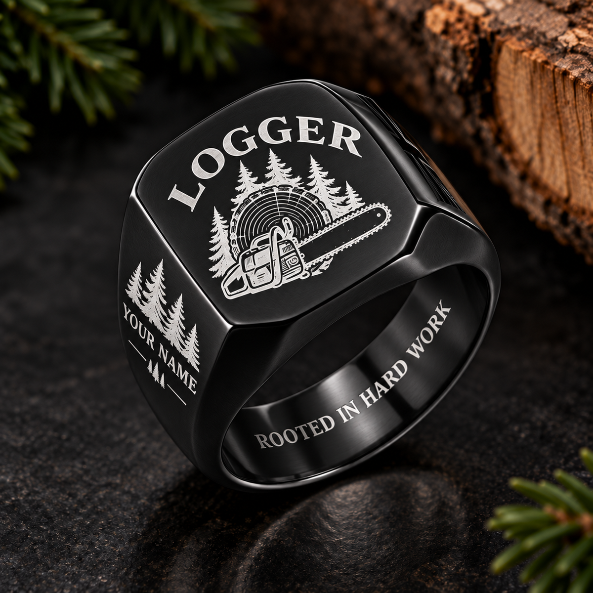 Personalized Logger Engraved Signet Ring - Classic Emblem - Black
