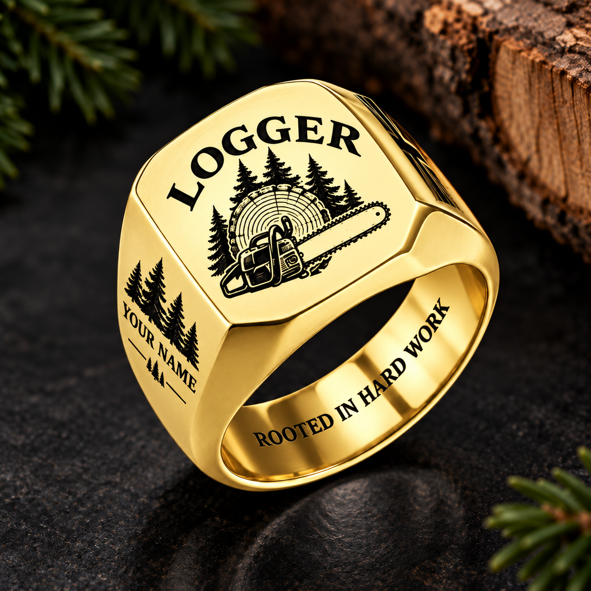 Personalized Logger Engraved Signet Ring - Classic Emblem - Gold