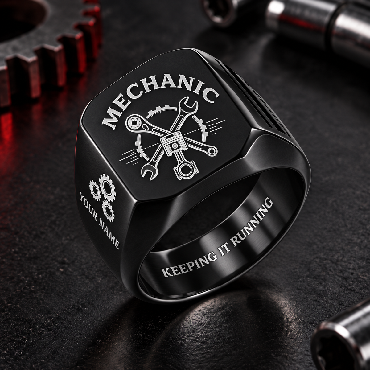 Personalized Mechanic Engraved Signet Ring - Classic Emblem - Black