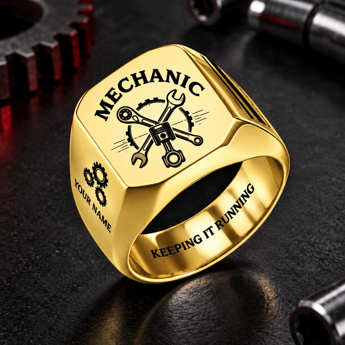 Personalized Mechanic Engraved Signet Ring - Classic Emblem - Gold