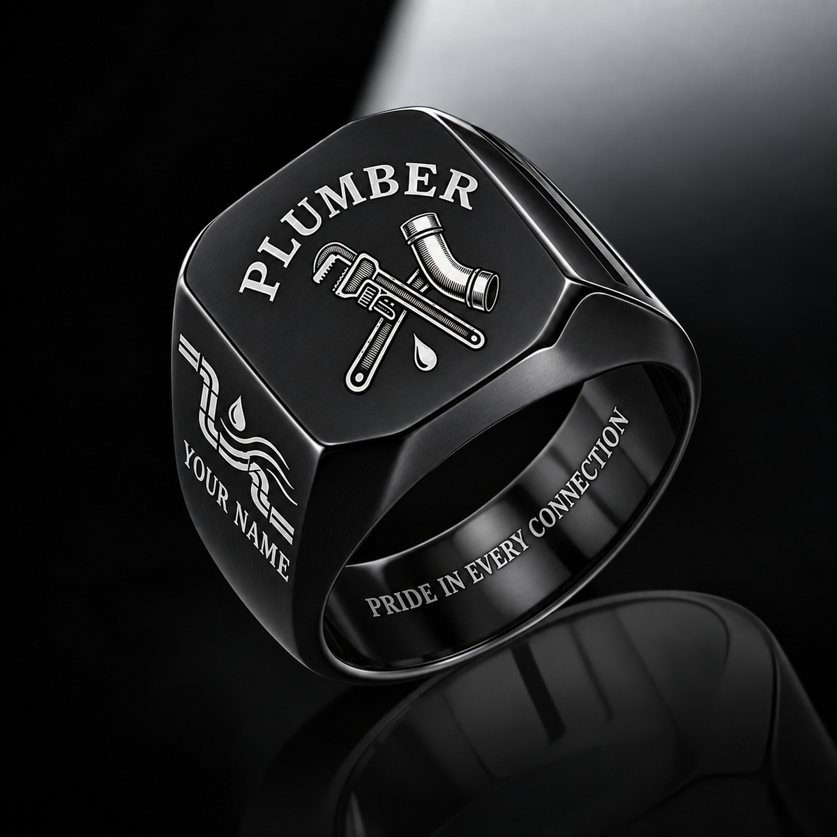 Personalized Plumber Engraved Signet Ring - Classic Emblem - Black