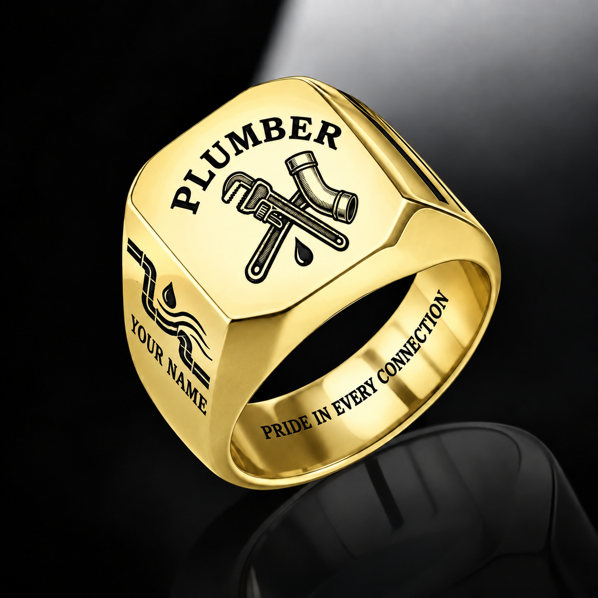 Personalized Plumber Engraved Signet Ring - Classic Emblem - Gold