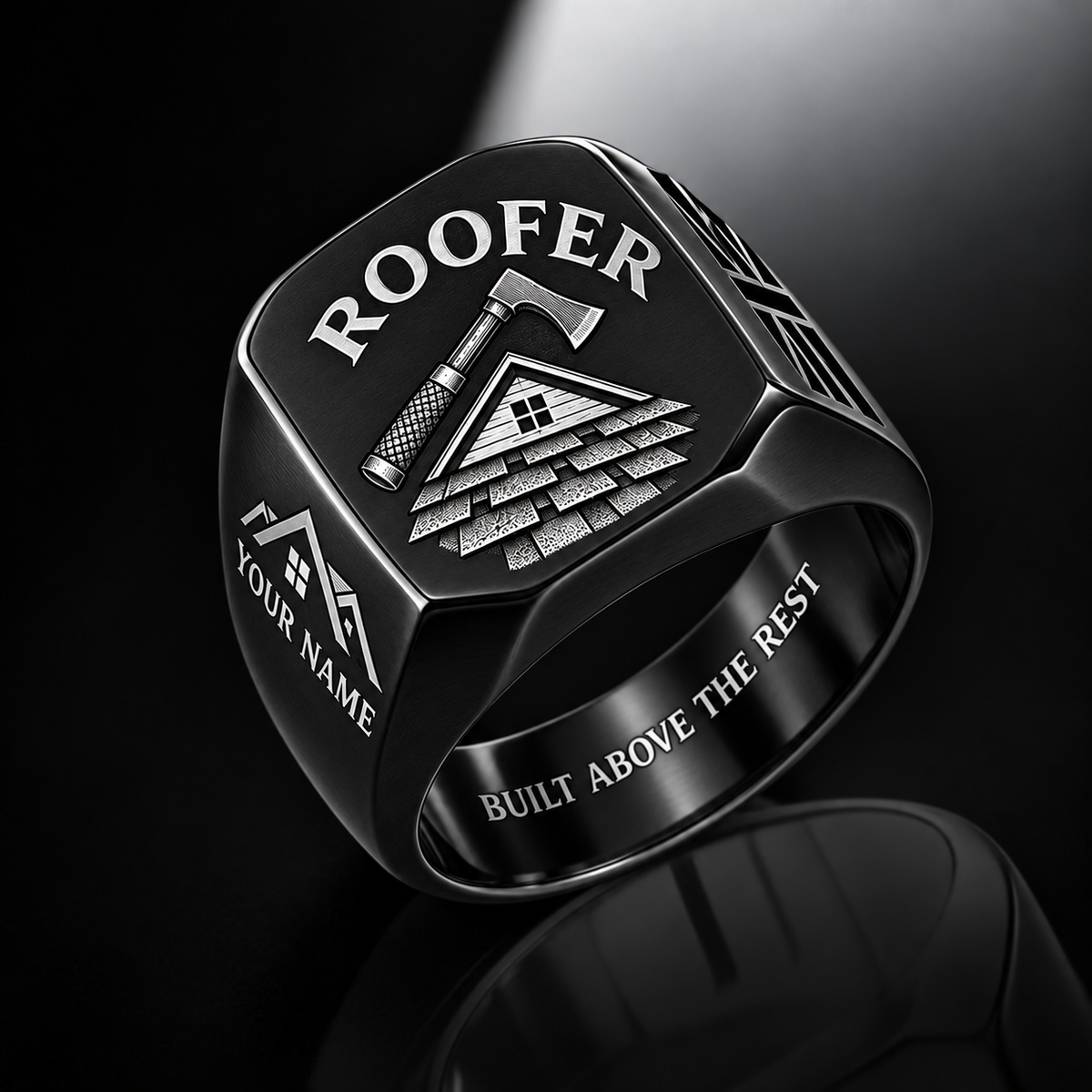Personalized Roofer Engraved Signet Ring - Classic Emblem - Black