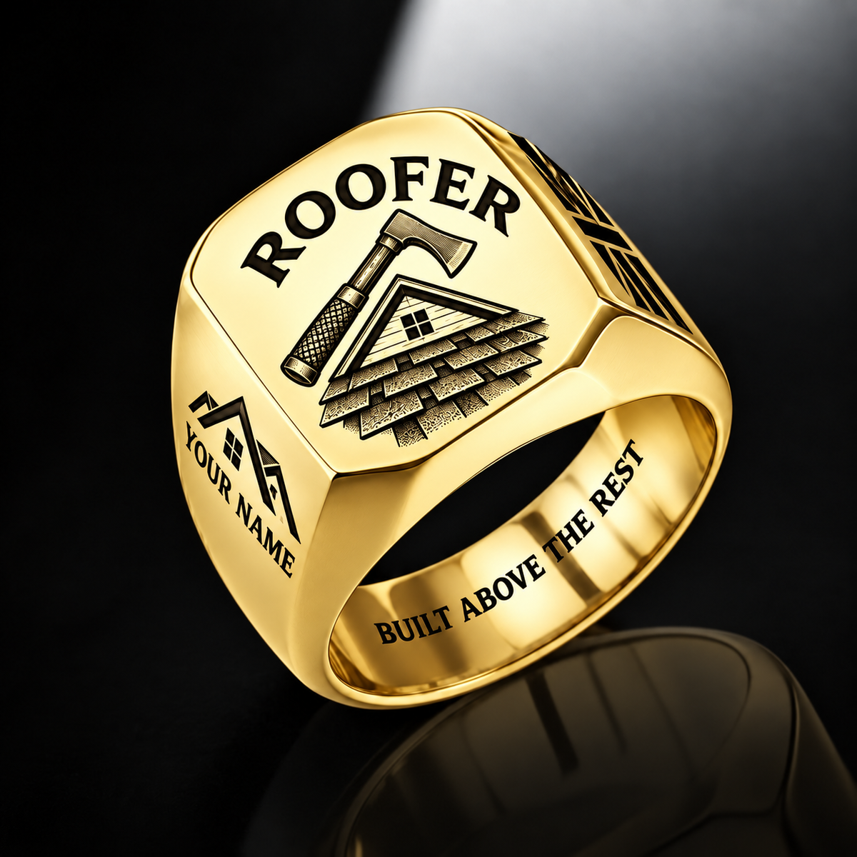 Personalized Roofer Engraved Signet Ring - Classic Emblem - Gold