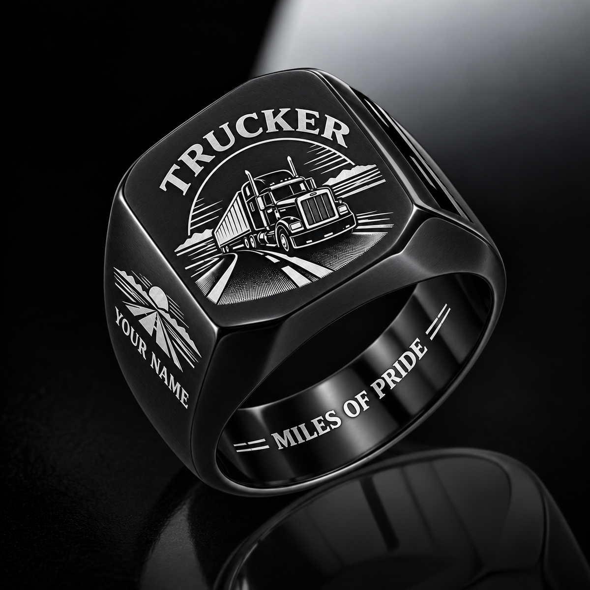 Personalized Trucker Engraved Signet Ring - Classic Emblem - Black