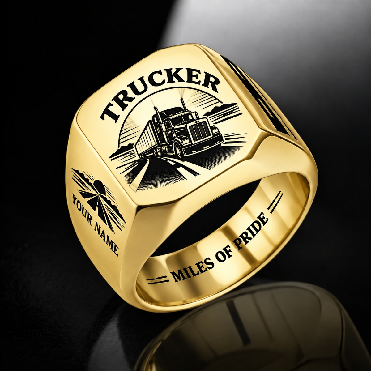 Personalized Trucker Engraved Signet Ring - Classic Emblem - Gold