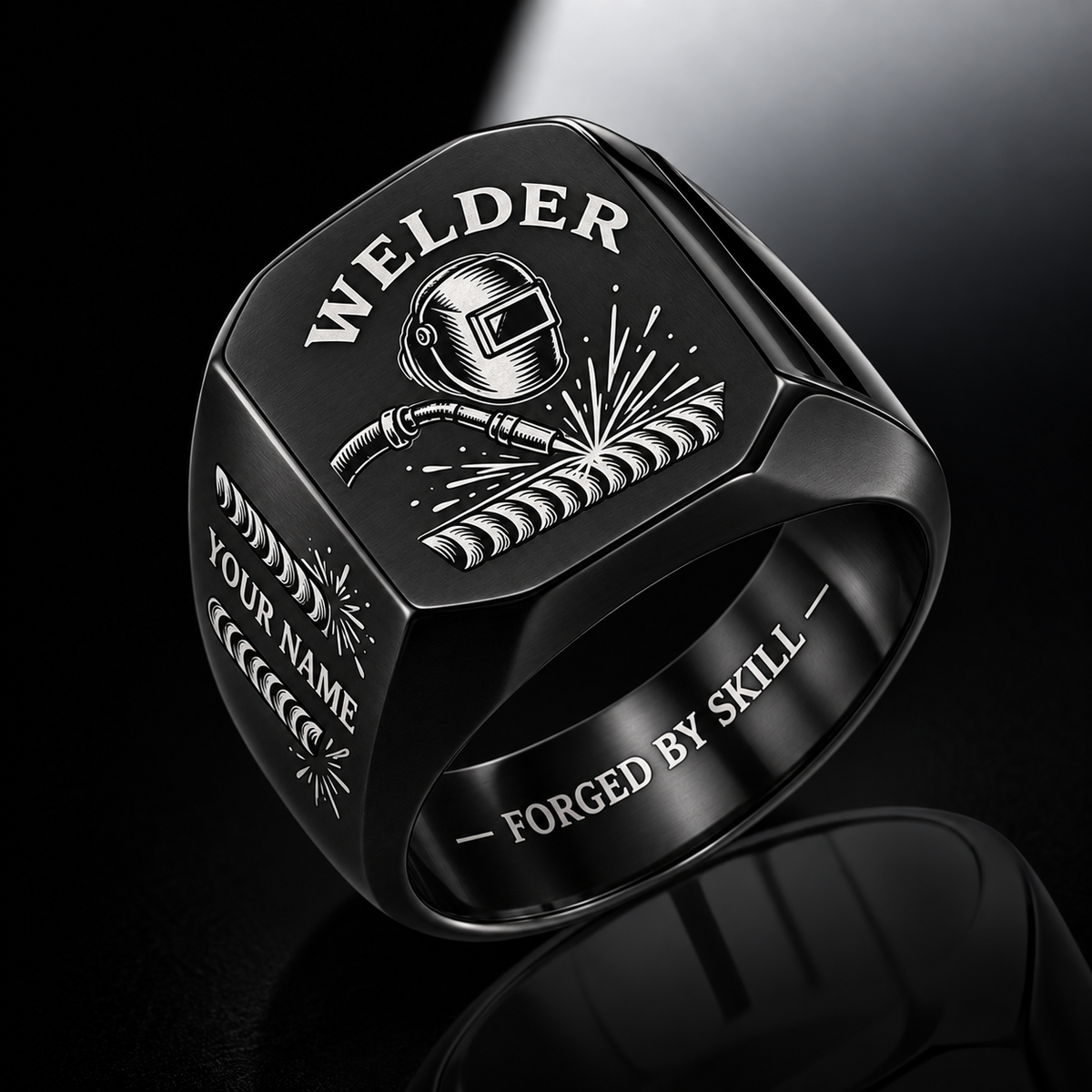 Personalized Welder Engraved Signet Ring - Classic Emblem - Black