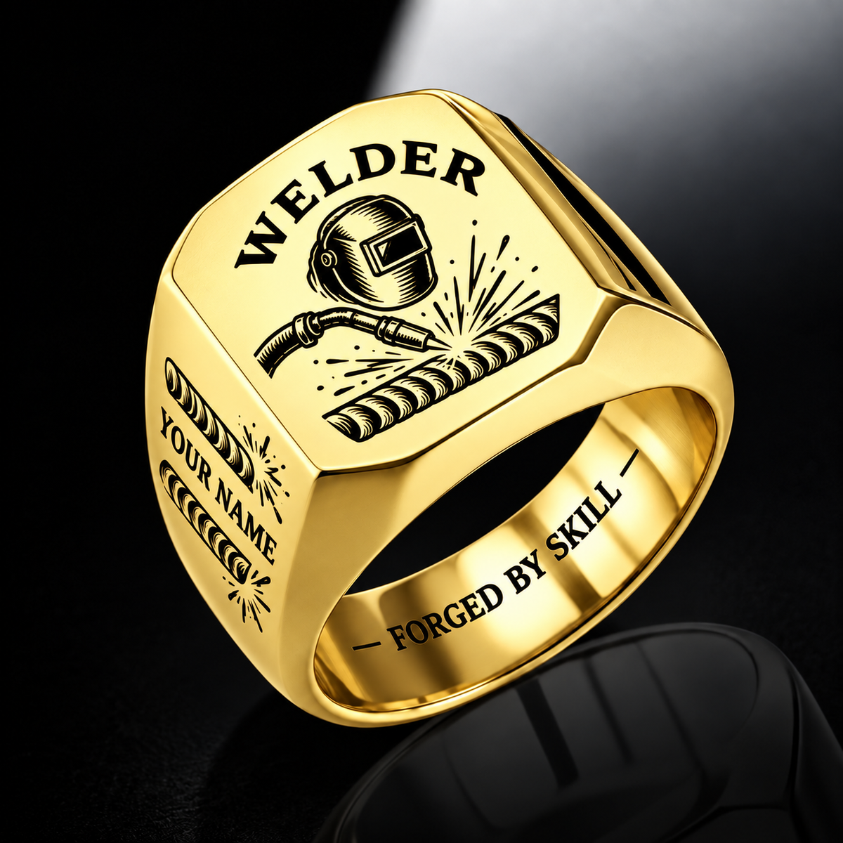 Personalized Welder Engraved Signet Ring - Classic Emblem - Gold