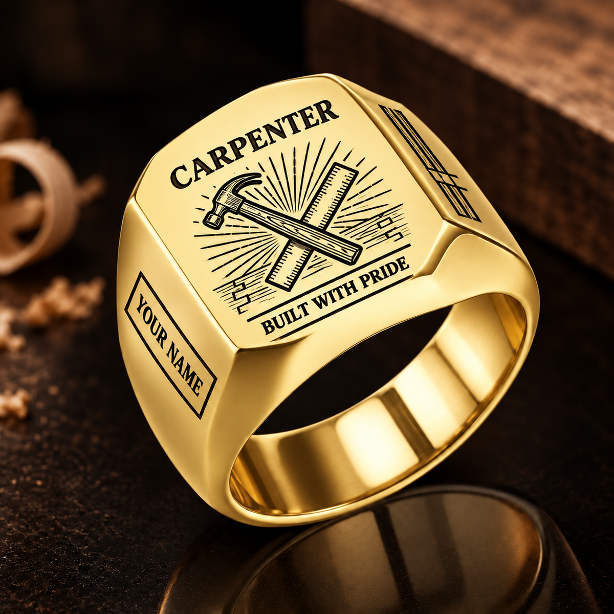 Personalized Carpenter Engraved Signet Ring - Sunburst Legacy - Gold