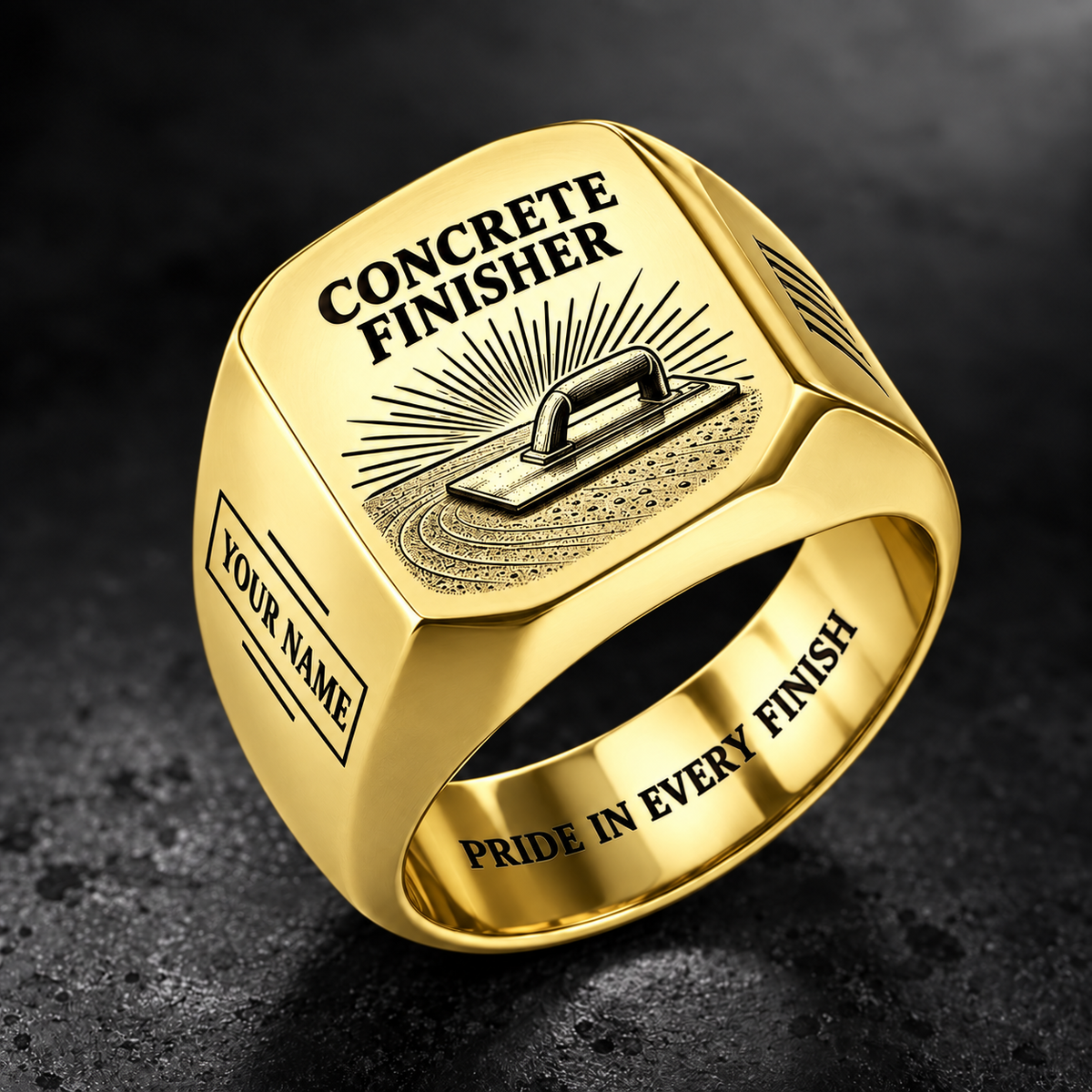 Personalized Concrete Finisher Engraved Signet Ring - Sunburst Legacy - Gold