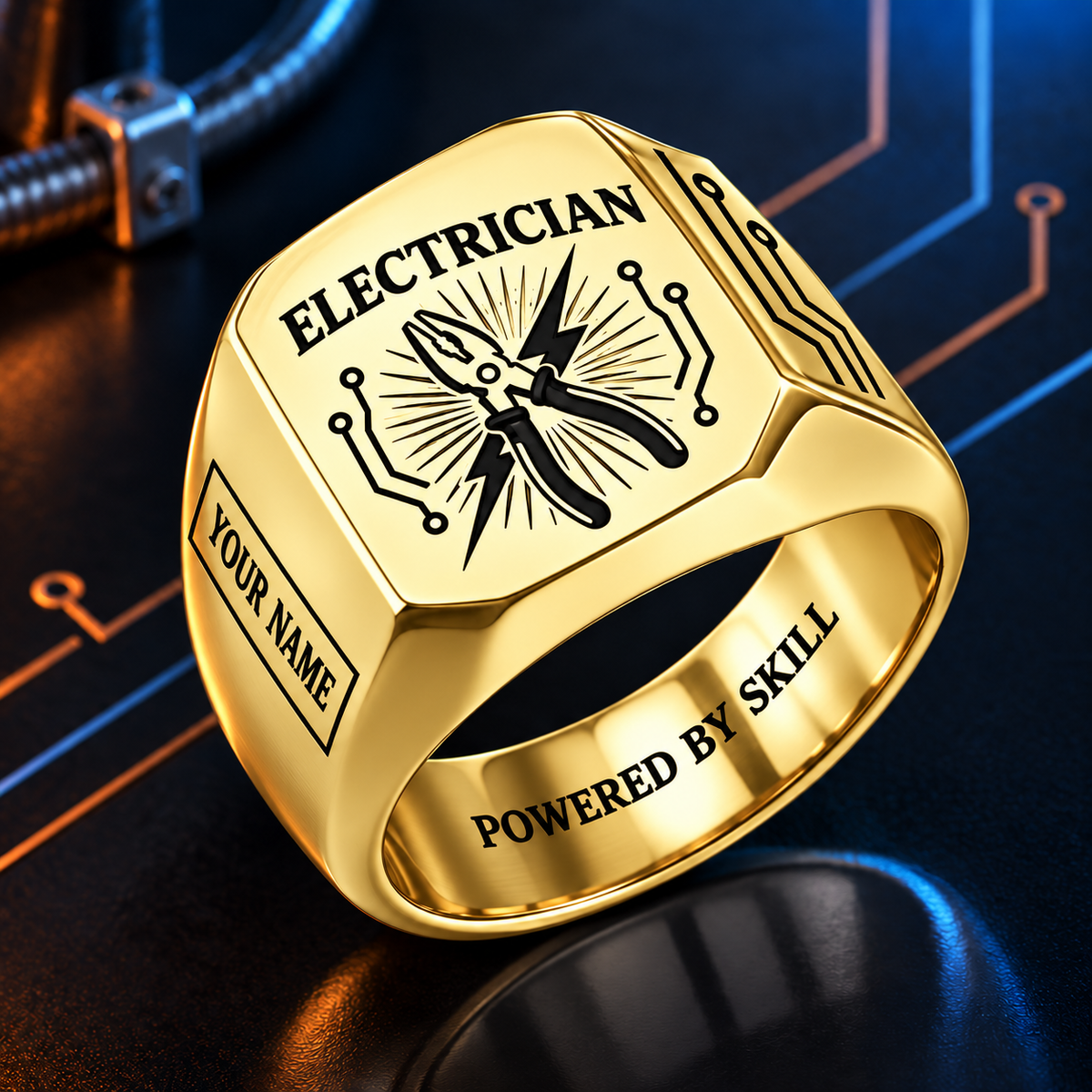 Personalized Electrician Engraved Signet Ring - Sunburst Legacy - Gold