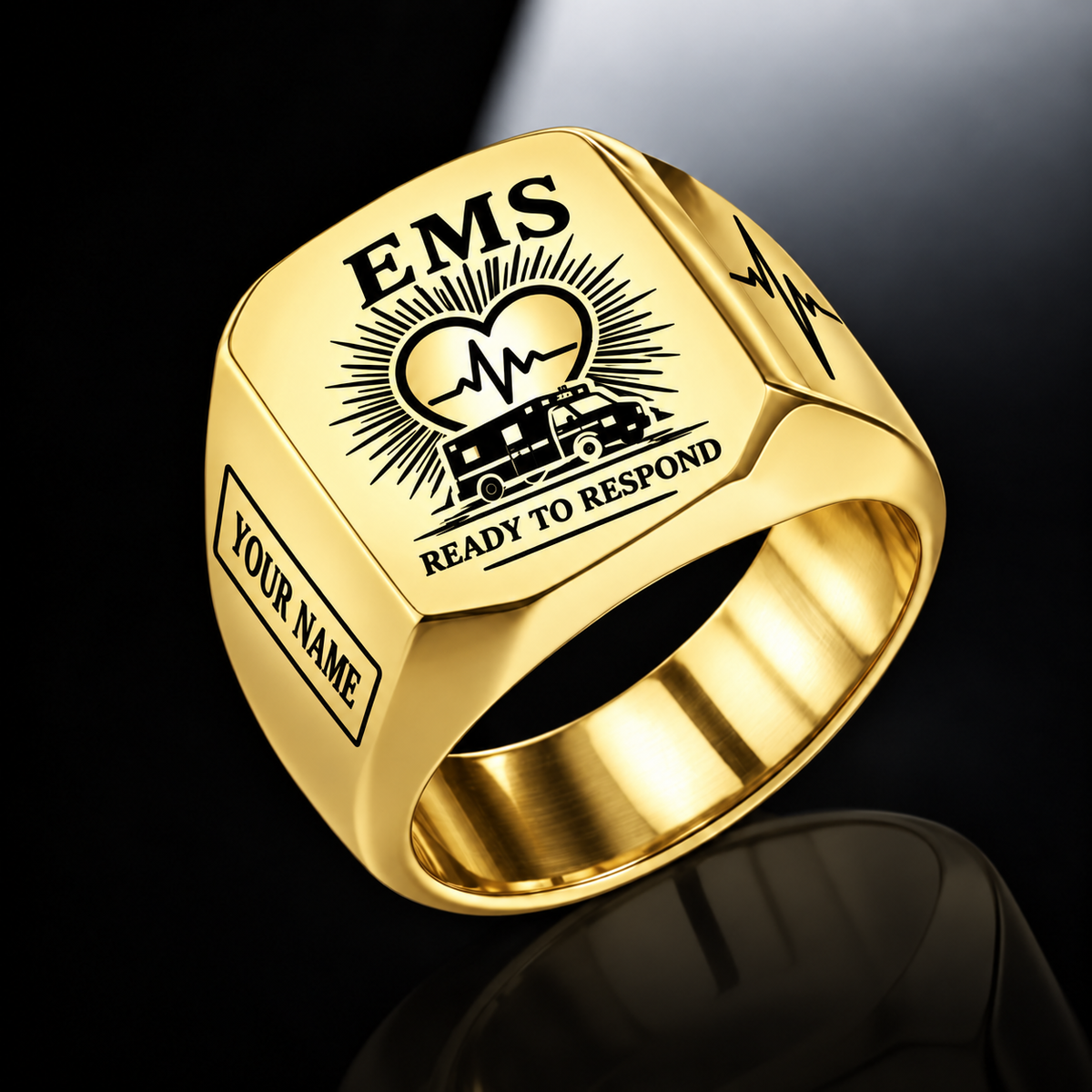Personalized EMS Engraved Signet Ring - Sunburst Legacy - Gold