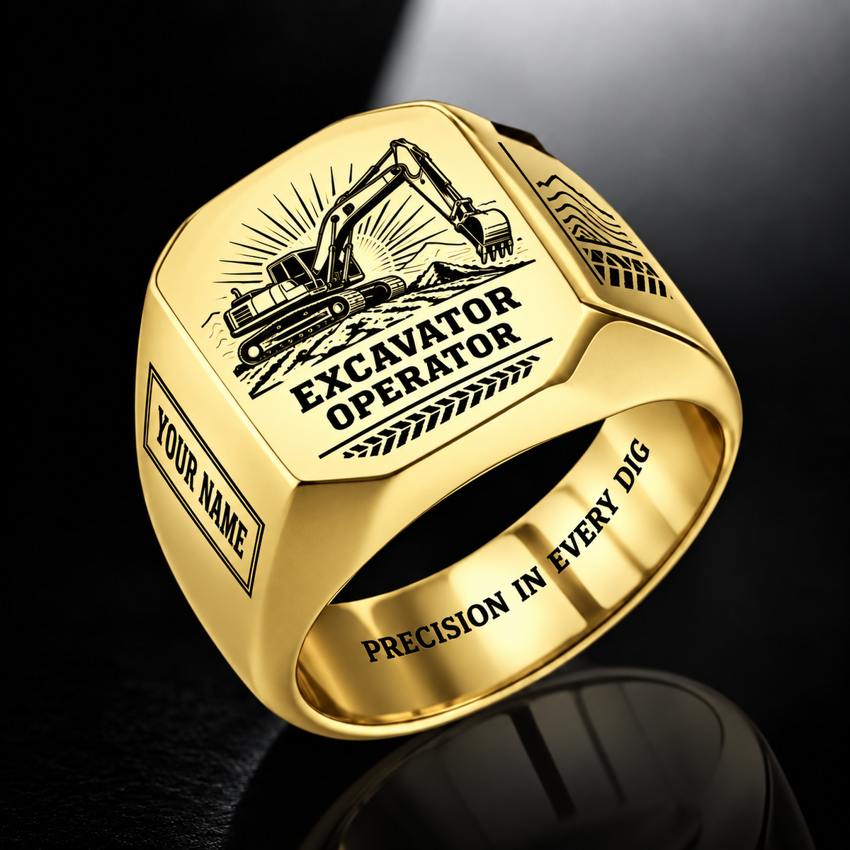 Personalized Excavator Operator Engraved Signet Ring - Sunburst Legacy - Gold