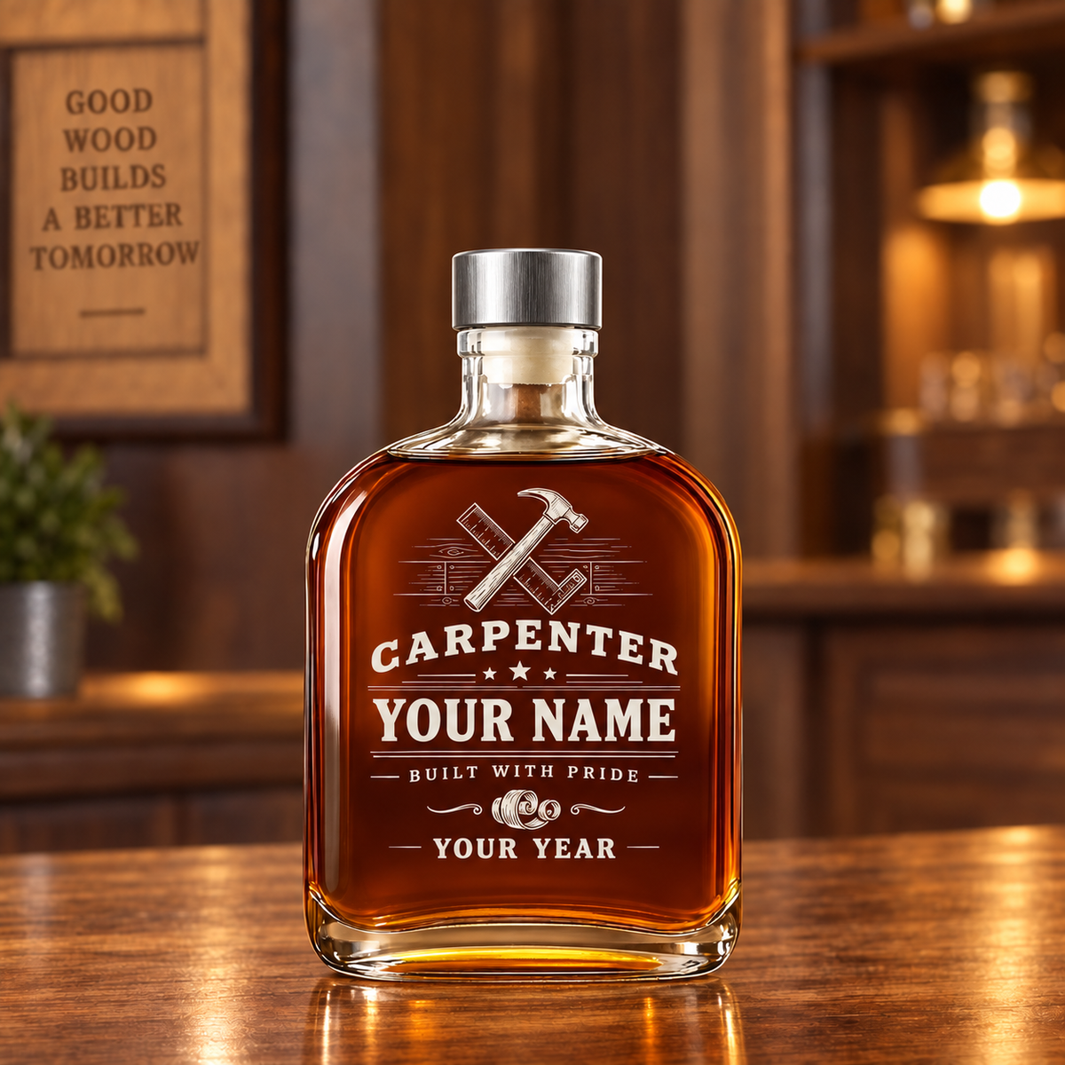 Personalized Carpenter Whiskey Bottle - Milestone Label - 20 oz - Metal Lid