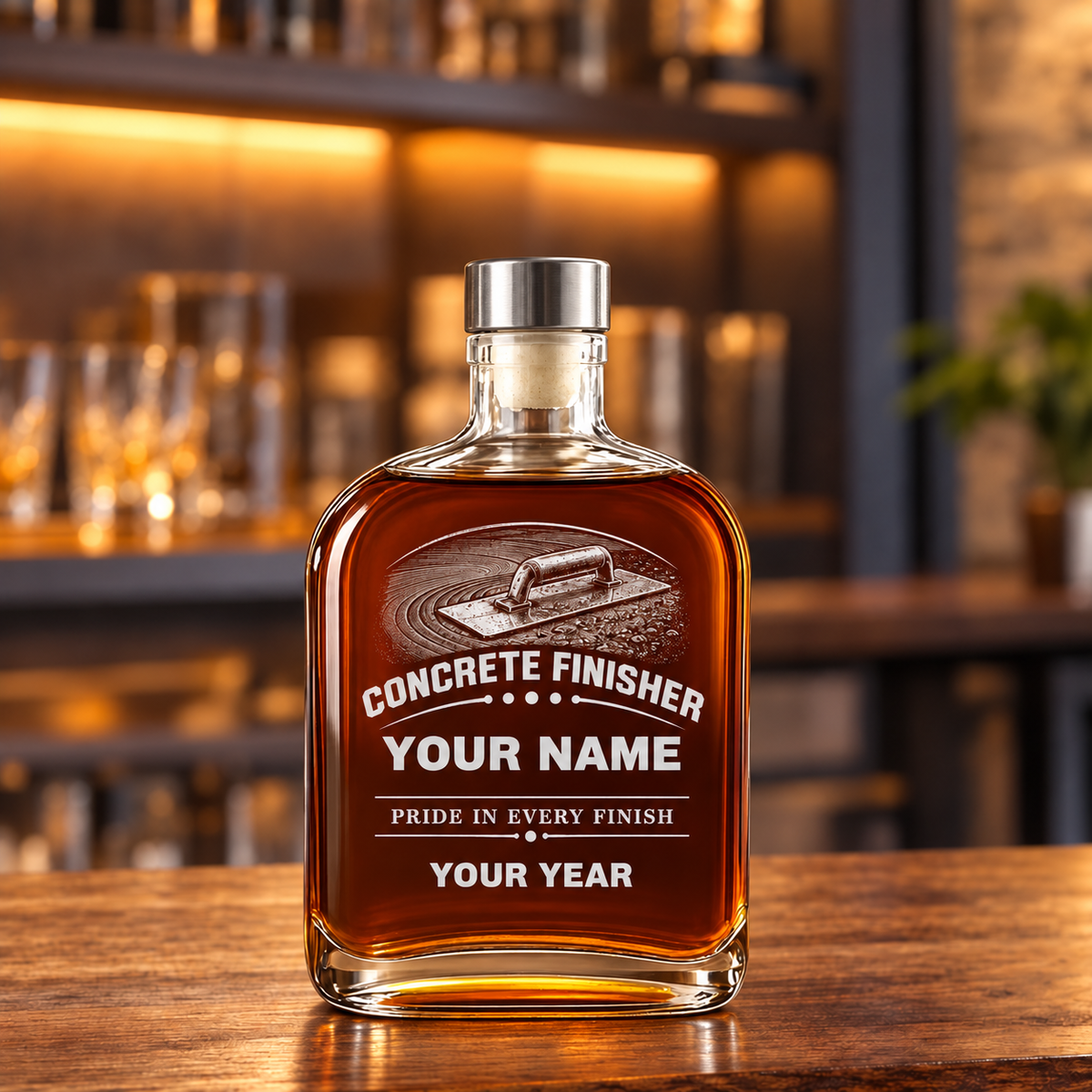 Personalized Concrete Finisher Whiskey Bottle - Milestone Label - 20 oz - Metal Lid