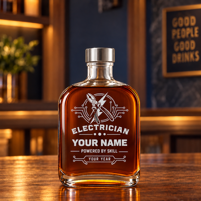 Personalized Electrician Whiskey Bottle - Milestone Label - 20 oz - Metal Lid