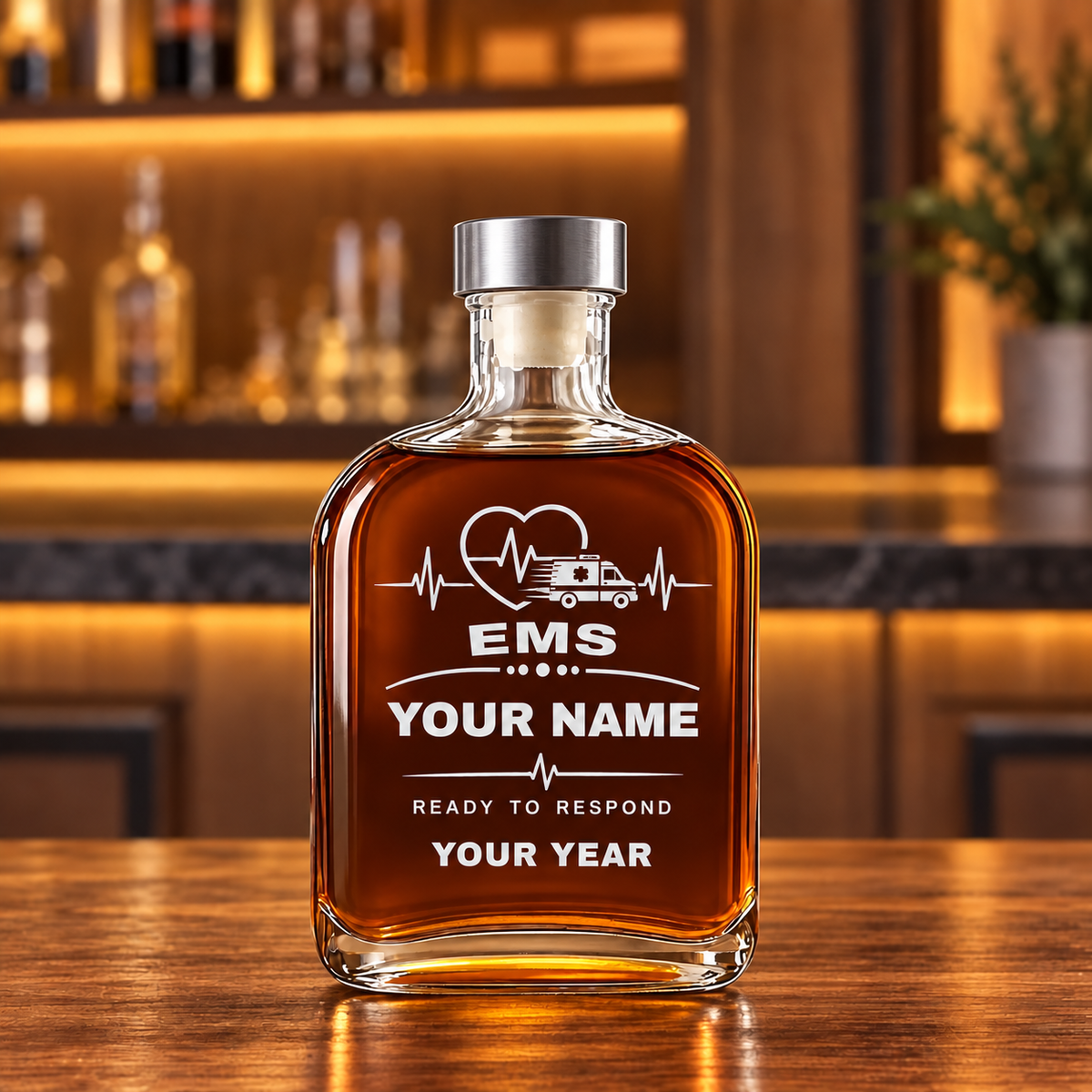 Personalized EMS Whiskey Bottle - Milestone Label - 20 oz - Metal Lid