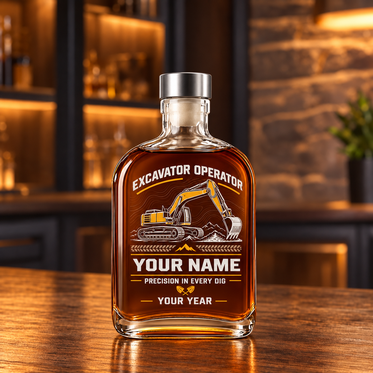 Personalized Excavator Operator Whiskey Bottle - Milestone Label - 20 oz - Metal Lid