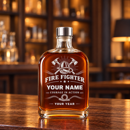 Personalized Fire Fighter Whiskey Bottle - Milestone Label - 20 oz - Metal Lid