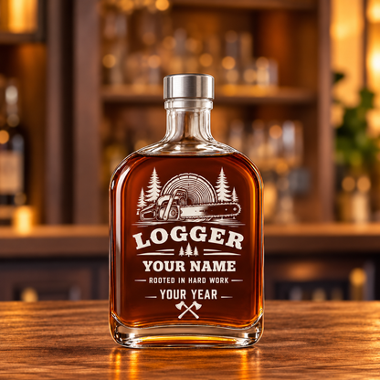 Personalized Logger Whiskey Bottle - Milestone Label - 20 oz - Metal Lid