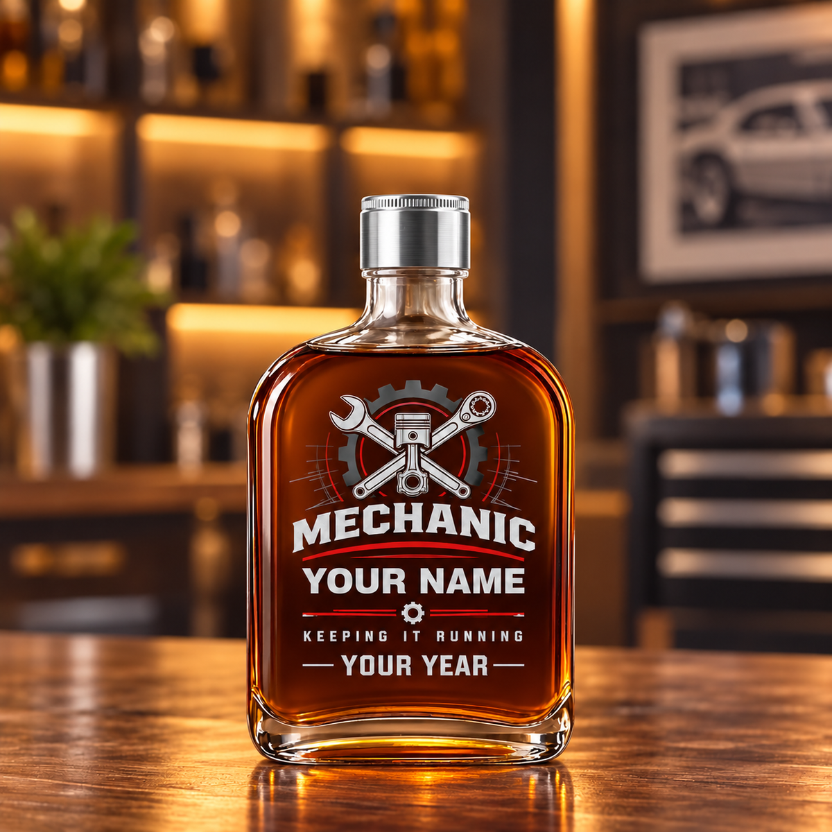 Personalized Mechanic Whiskey Bottle - Milestone Label - 20 oz - Metal Lid