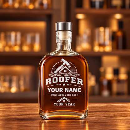 Personalized Roofer Whiskey Bottle - Milestone Label - 20 oz - Metal Lid