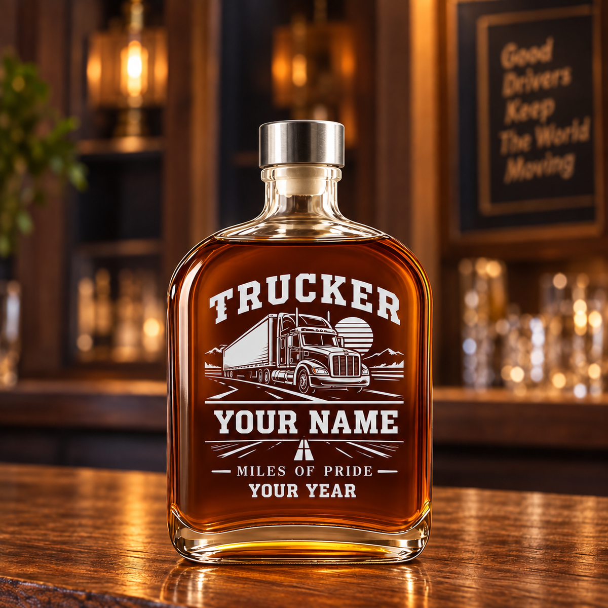 Personalized Trucker Whiskey Bottle - Milestone Label - 20 oz - Metal Lid