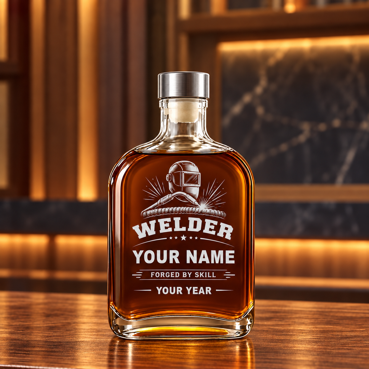 Personalized Welder Whiskey Bottle - Milestone Label - 20 oz - Metal Lid