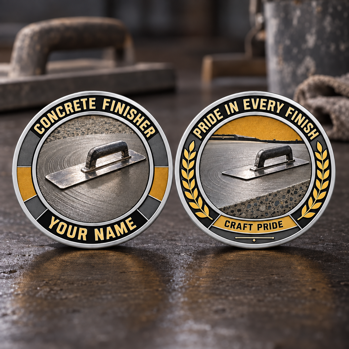 Personalized Concrete Finisher Challenge Coin - Heritage Tribute - Silver