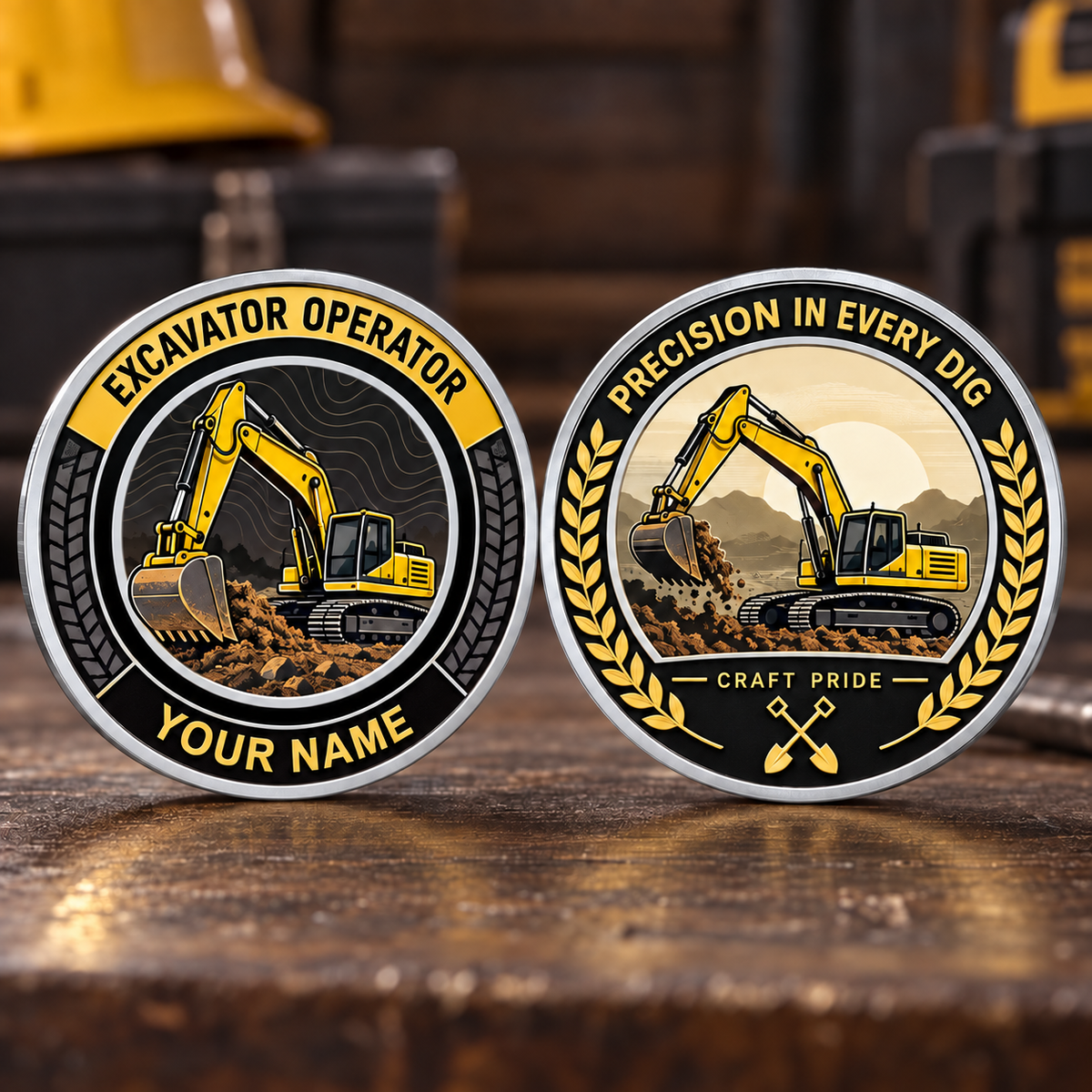 Personalized Excavator Operator Challenge Coin - Heritage Tribute - Silver