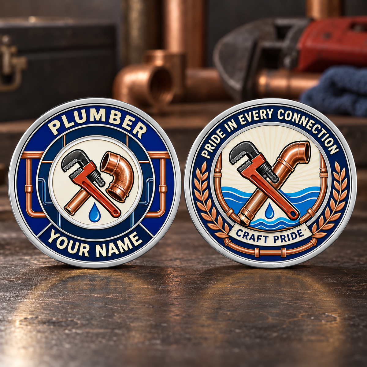 Personalized Plumber Challenge Coin - Heritage Tribute - Silver