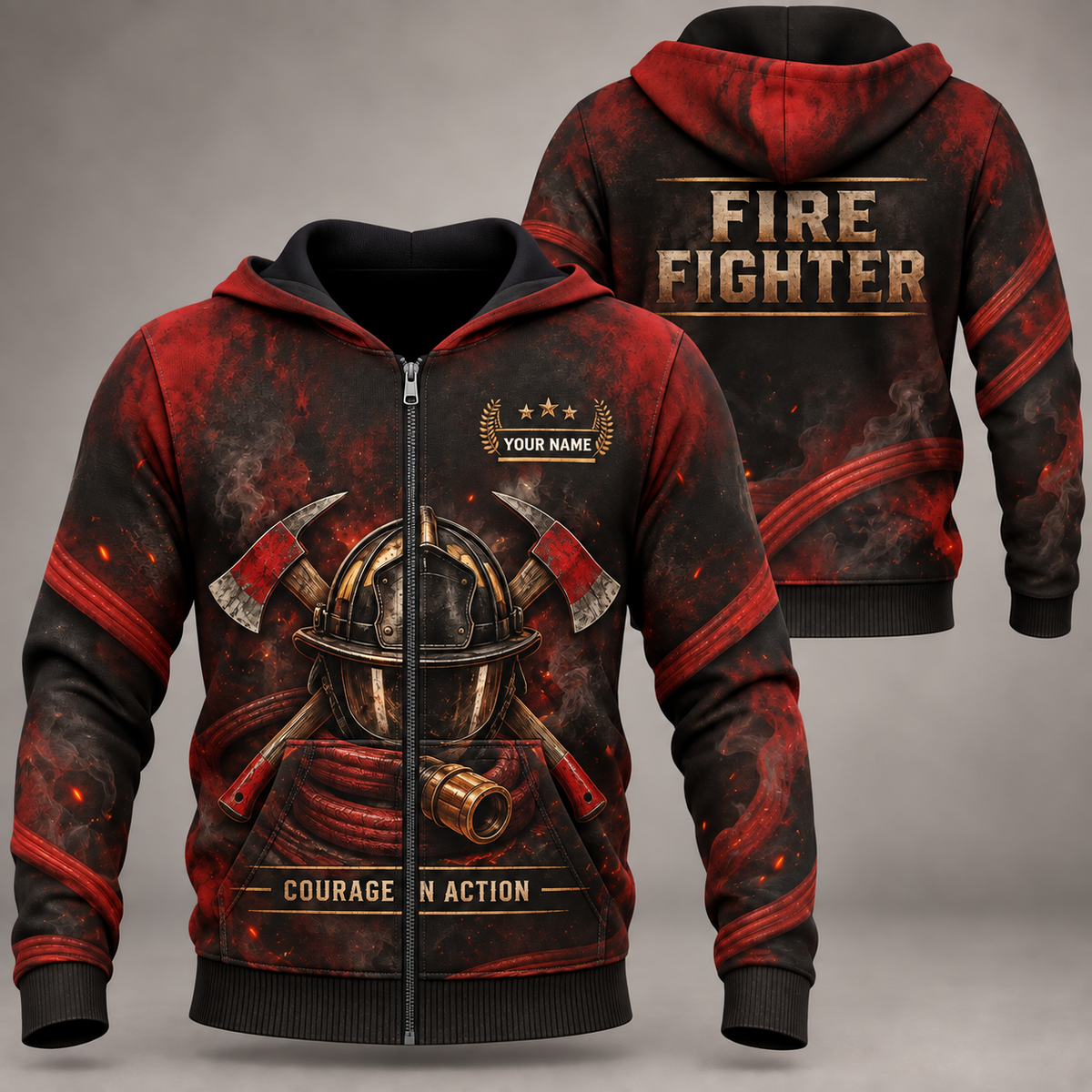 Personalized Fire Fighter Hoodie - Crew Silhouette - Zip Hoodie