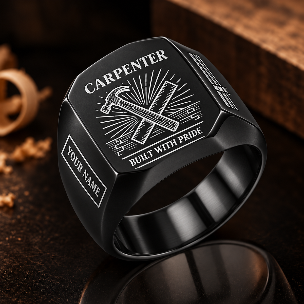 Personalized Carpenter Engraved Signet Ring - Sunburst Legacy - Black