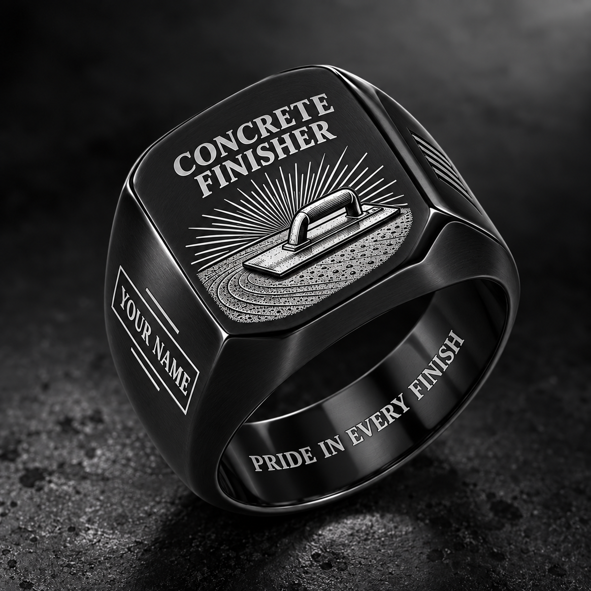 Personalized Concrete Finisher Engraved Signet Ring - Sunburst Legacy - Black
