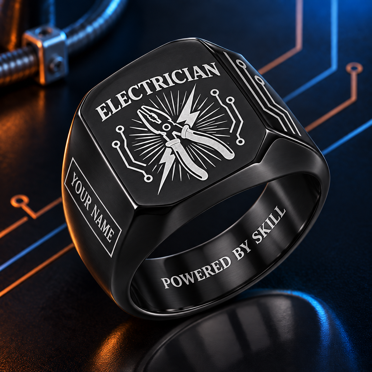 Personalized Electrician Engraved Signet Ring - Sunburst Legacy - Black