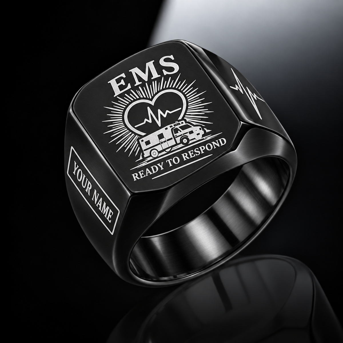 Personalized EMS Engraved Signet Ring - Sunburst Legacy - Black