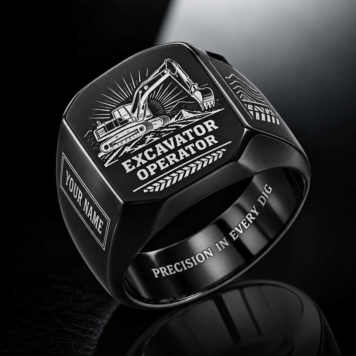Personalized Excavator Operator Engraved Signet Ring - Sunburst Legacy - Black
