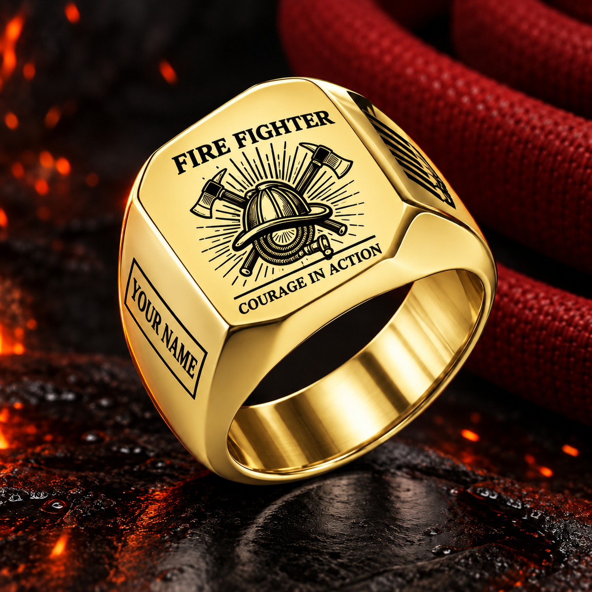 Personalized Fire Fighter Engraved Signet Ring - Sunburst Legacy - Gold
