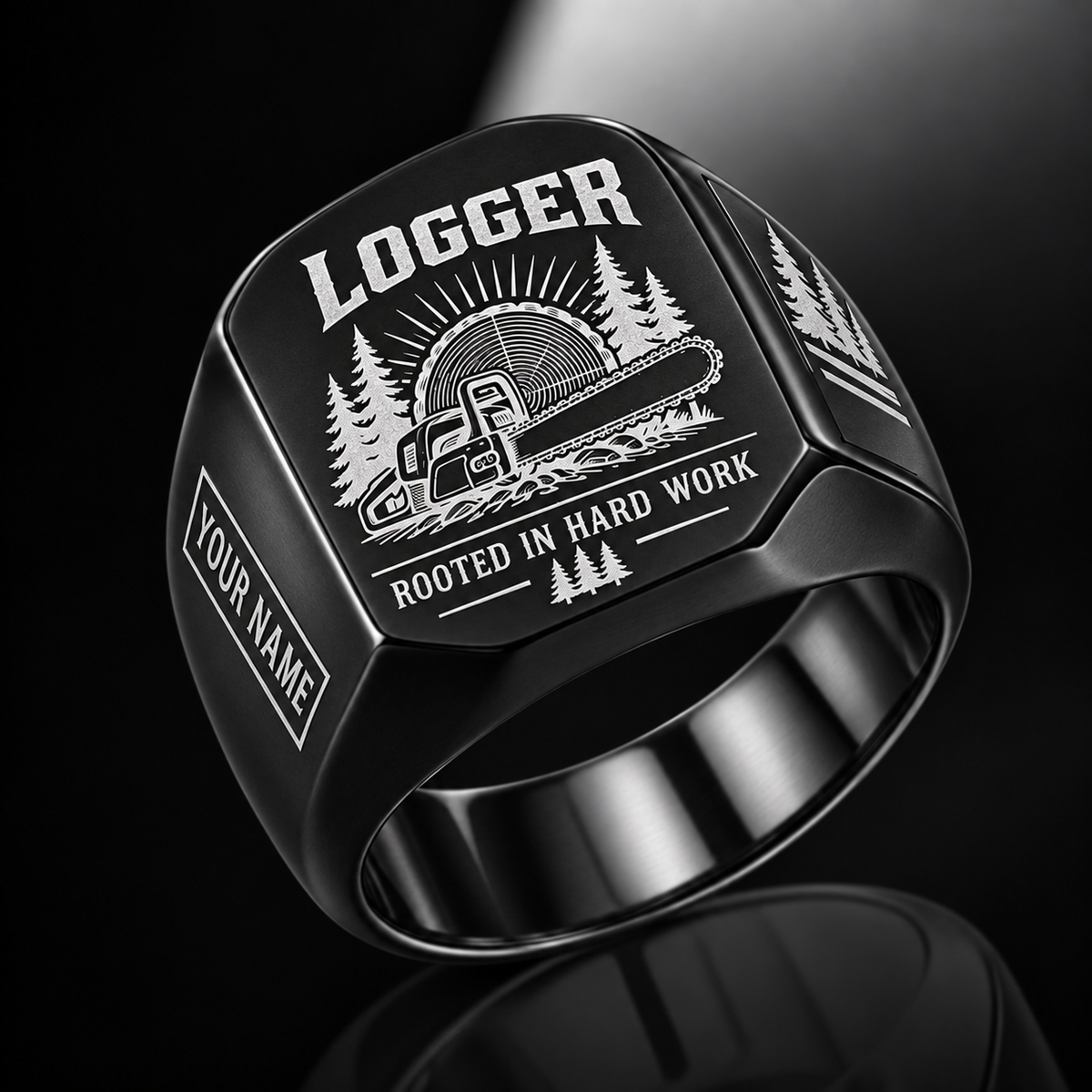 Personalized Logger Engraved Signet Ring - Sunburst Legacy - Black