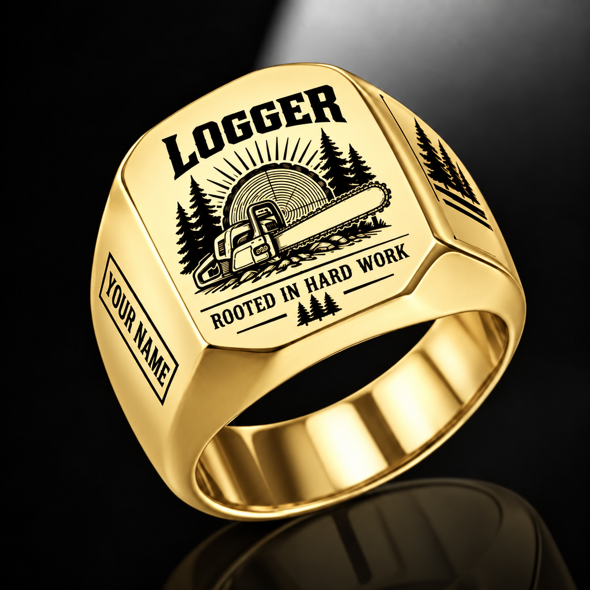 Personalized Logger Engraved Signet Ring - Sunburst Legacy - Gold